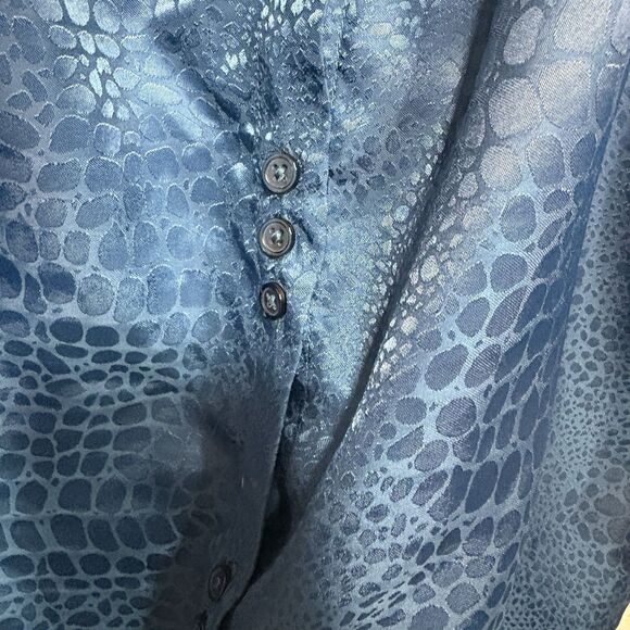 Zac & Rachel Blouse Womens 1X Teal Satin Animal Print Puff Sleeve Boho Chic Top - Picture 4 of 11